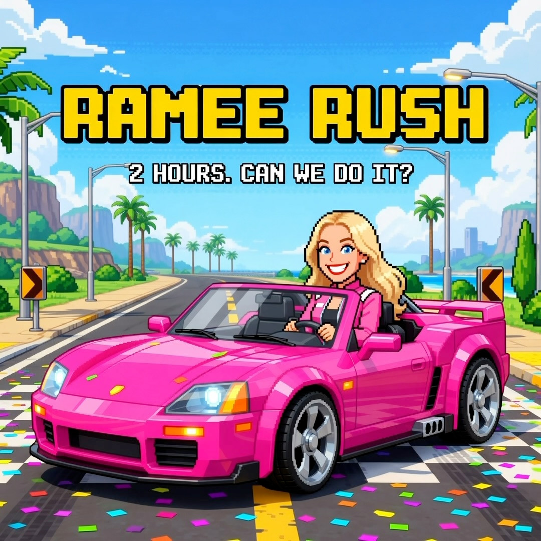 Ramee driving her bright pink convertible along a tropical coast